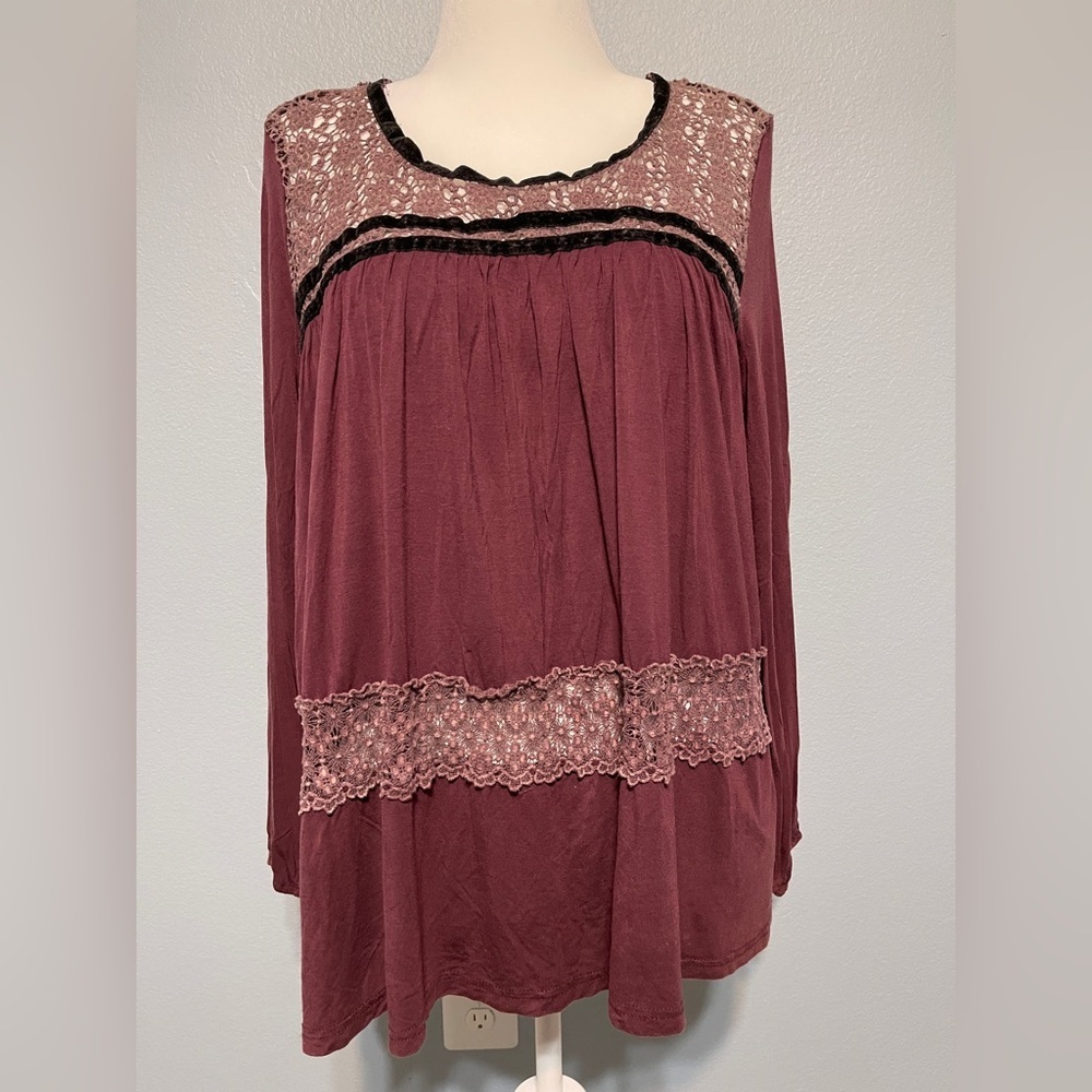 Pol Burgundy Tunic Top Crochet Trim Babydoll Boho Cottagecore Whimsigoth Medium